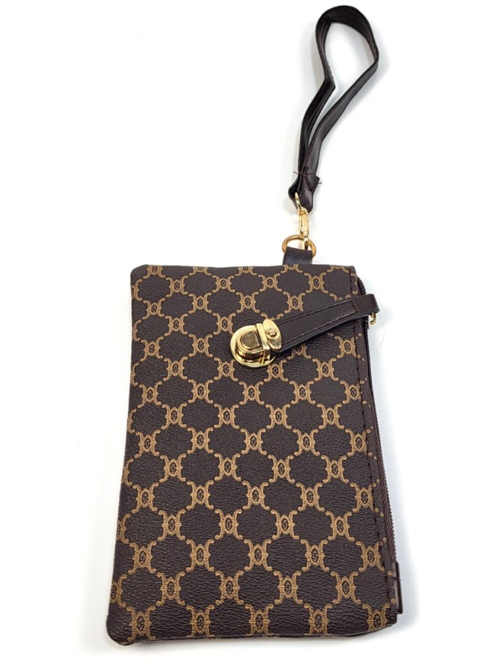 Wristlet Clutch Bag Vegan Print Leather Purse Strap Pull Lock Gold Lady's New